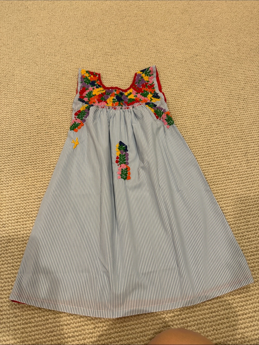 Mi Golondrina Blue & White Pinstripe Dress with Bright Floral Embroidery